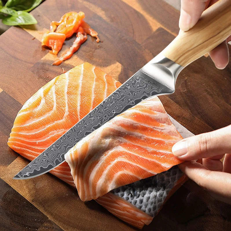 RHON 7PCS Damascus Steel Kitchen Knives Set Chefs Cuisine Beef Meat Gyuto Slicing Boning Rib Bread Cutting Utility Fruit Knives