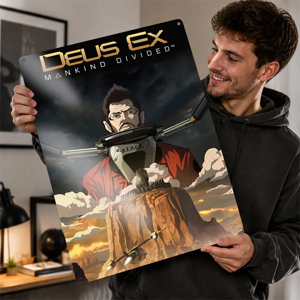 Deus Ex Mankind Divided Graphic Aluminum Poster Customized Metal Tin Sign Cosmic Mission Style Wall Art Enhances Collector Den
