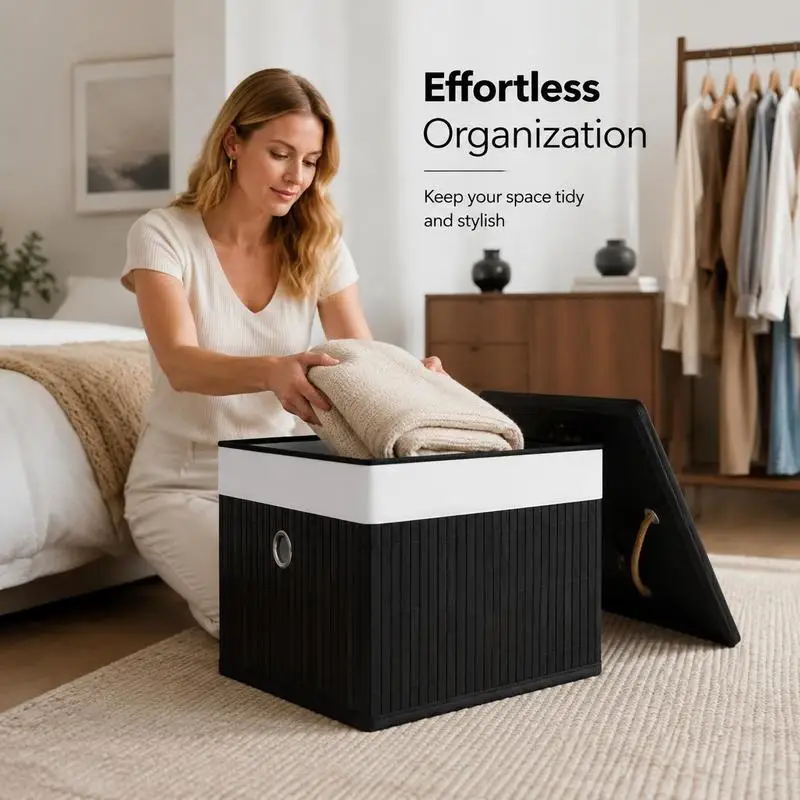4 Stück schwarze Bambus-Aufbewahrungsboxen, glatt polierte Oberfläche, robuste, teilbare Fächer, einfach stapelbares Design, keine Montage erforderlich, für Schrank, Kommode, Badezimmer, Büro,