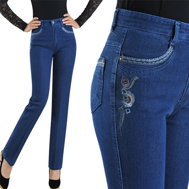 2025 Casual Pants Women Summer Jeans Elasticity Straight Pants Embroidery Middle-Aged Female High Waist Denim Pants 2655