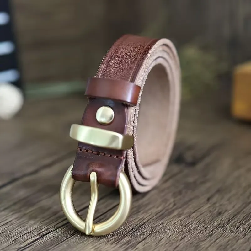 Retro Narrow Cowhide Women's Belt Pure Copper Button Top Cowhide All-match Casual Jeans Belt High Quality Luxury Women Belt