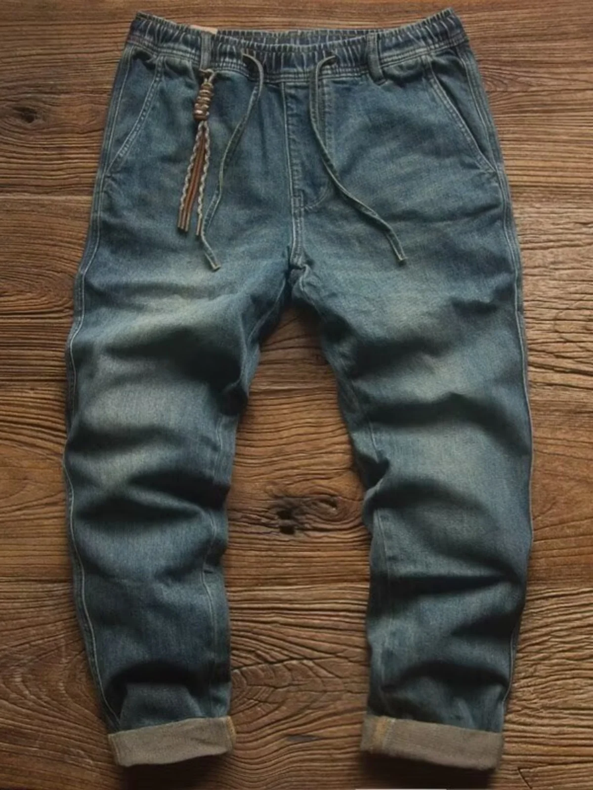 

American Style Men's Casual Straight Leg Jeans Trendy Handsome High Waist Loose Fit Drawstring Leisure Trousers