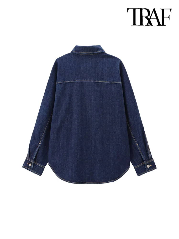 TRAF-Oversized Denim Shirts with Pockets for Women, Long Sleeve, Button-up, Female Blouses, Chic Tops, Fashion