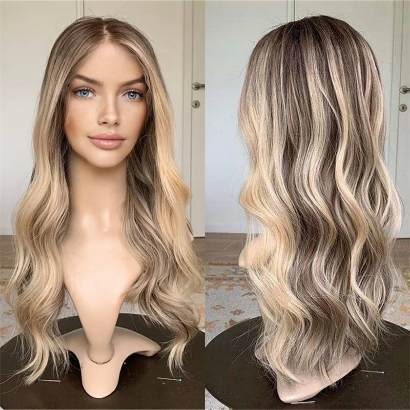 

Натуральный реалистичный парик Ombre Blonde с коричневыми полосками Синтетический HD парик фронта шнурка Готовые к отправке парики от Tayorichhair Женский парик