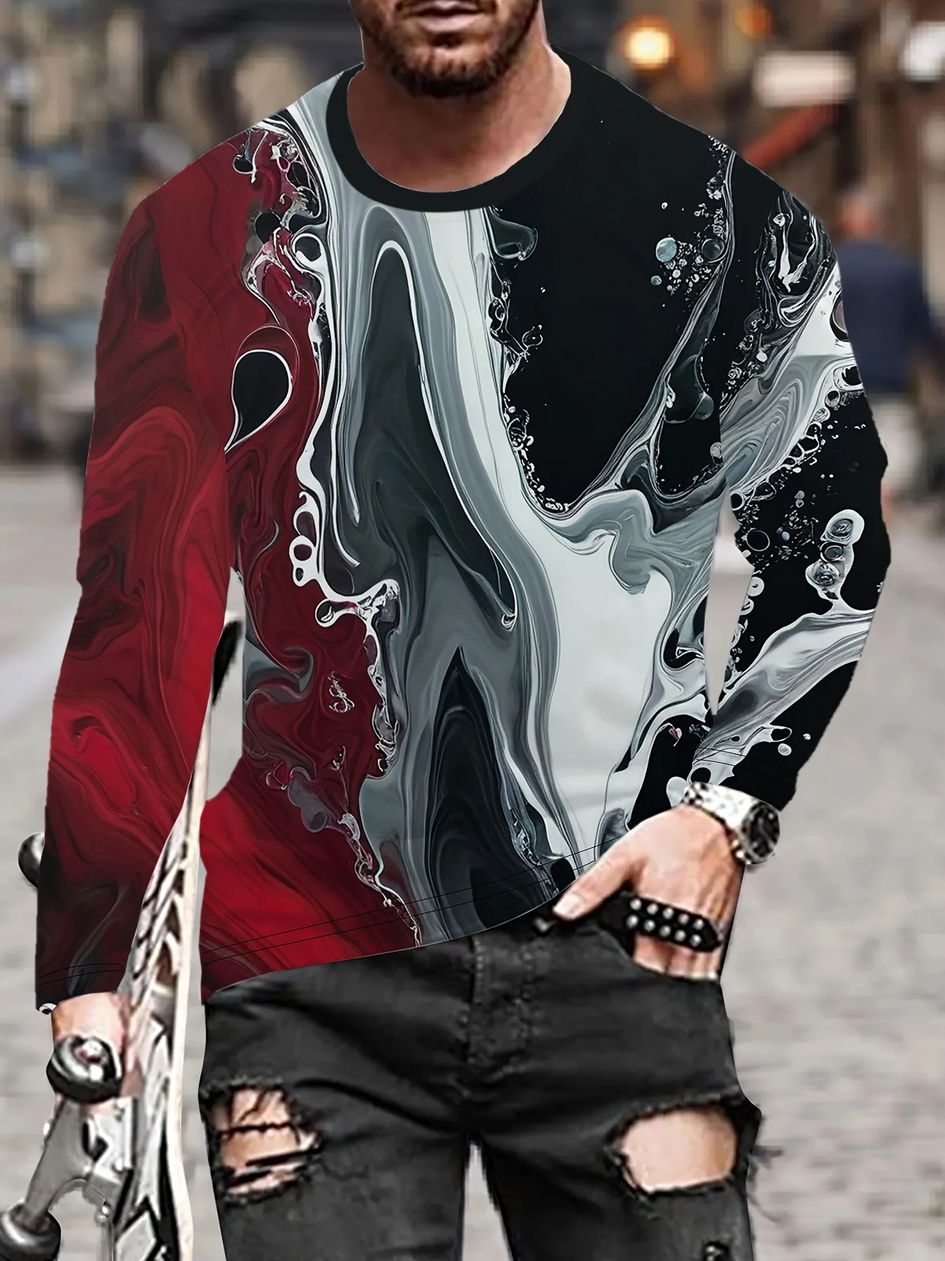 

Men'S 3D Flame Rose Print Long Sleeve T-Shirt, Casual Sports Crew Neck Top, 2025