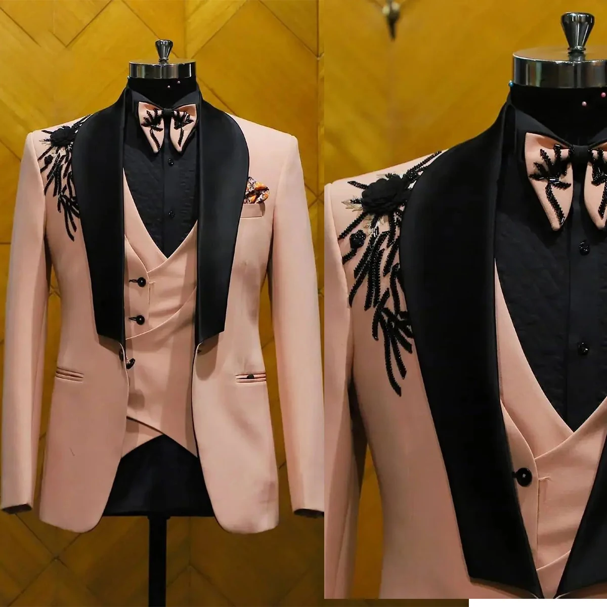 Men's Suits Tailored 2 Pieces Blazer Vest One Button Satin Wide Lapel Appliques Flowers Wedding Formal Custom Made Plus Size