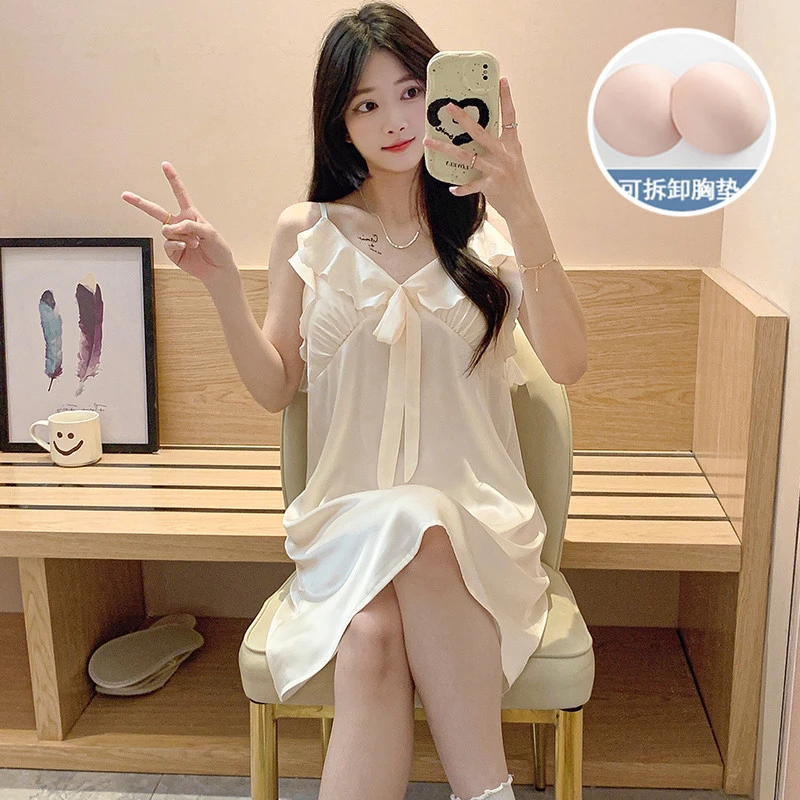 2024 Summer Silk Satin Sexy Lace Lingerie Spaghetti Strap Nightgowns for Women Cute Sleepwear Nightdress Night Dress Home Nighty