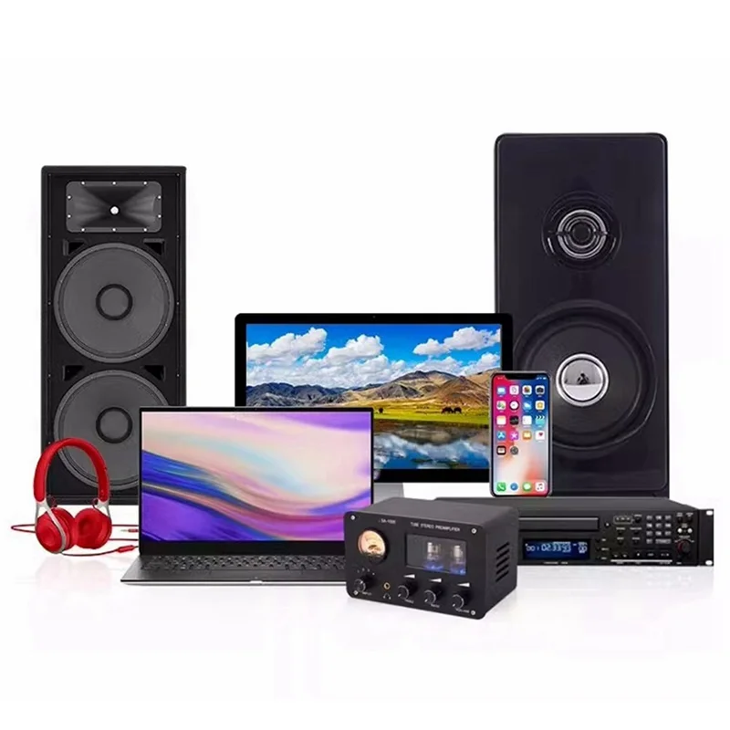 Y45A-Audiophile Tube 4 Input 2 Output With Built-In VU Level Meter High-Bass Adjustment Headphone Amplifier With US Plug Durable