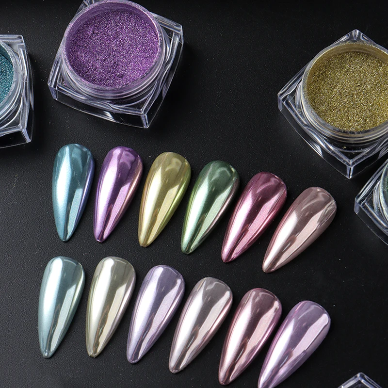 12 กล่อง Y2K กระจกโลหะเล็บผงสีม่วงสีฟ้า Chrome Glitter Pigment Flakes ถูฝุ่น Glossy Nail Art Decor