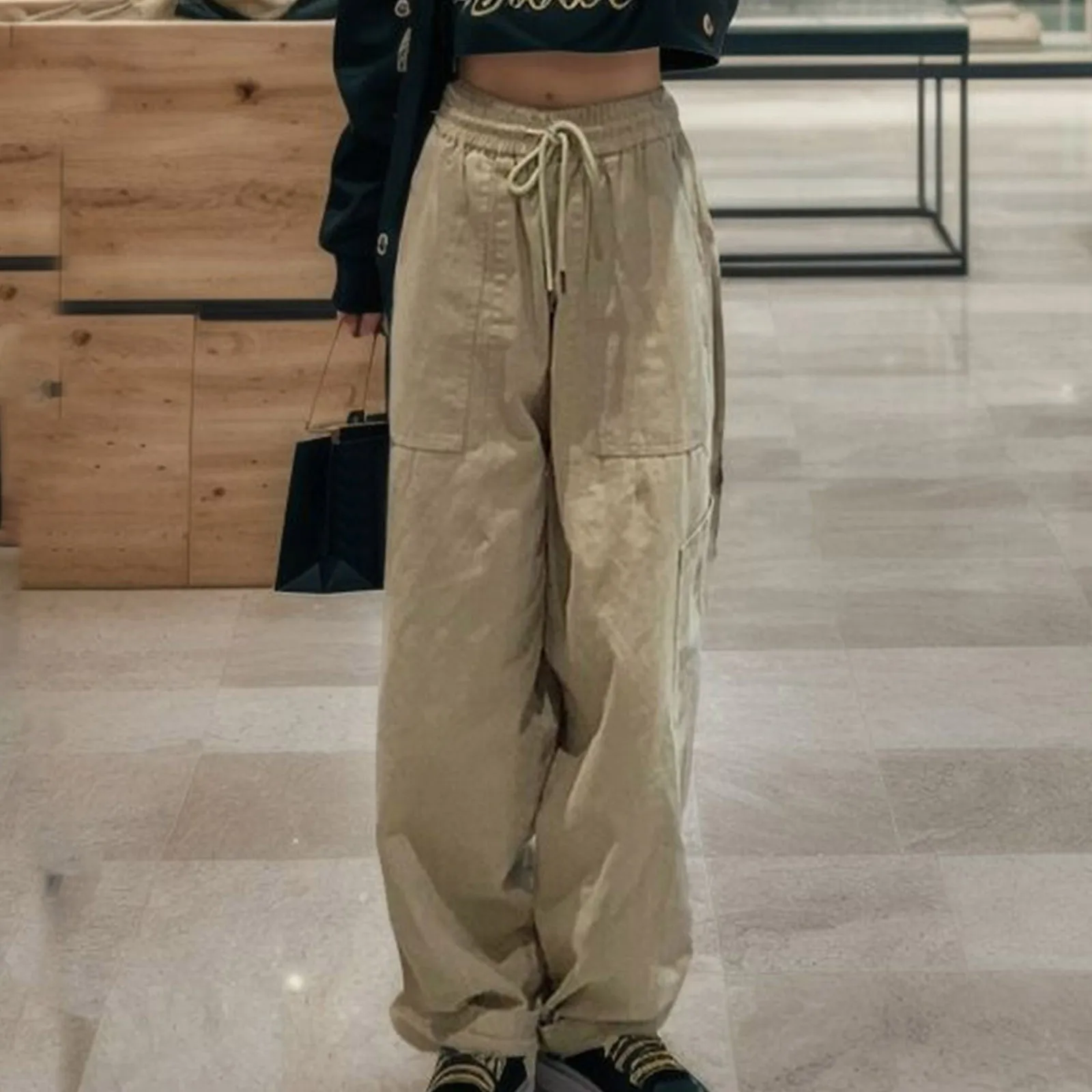 

Khaki Black Women Baggy Straight Tube Trouser Multi-Pocket High Waist Drawstring Cargo Pants Plus Size Wide Leg Pants Streetwear