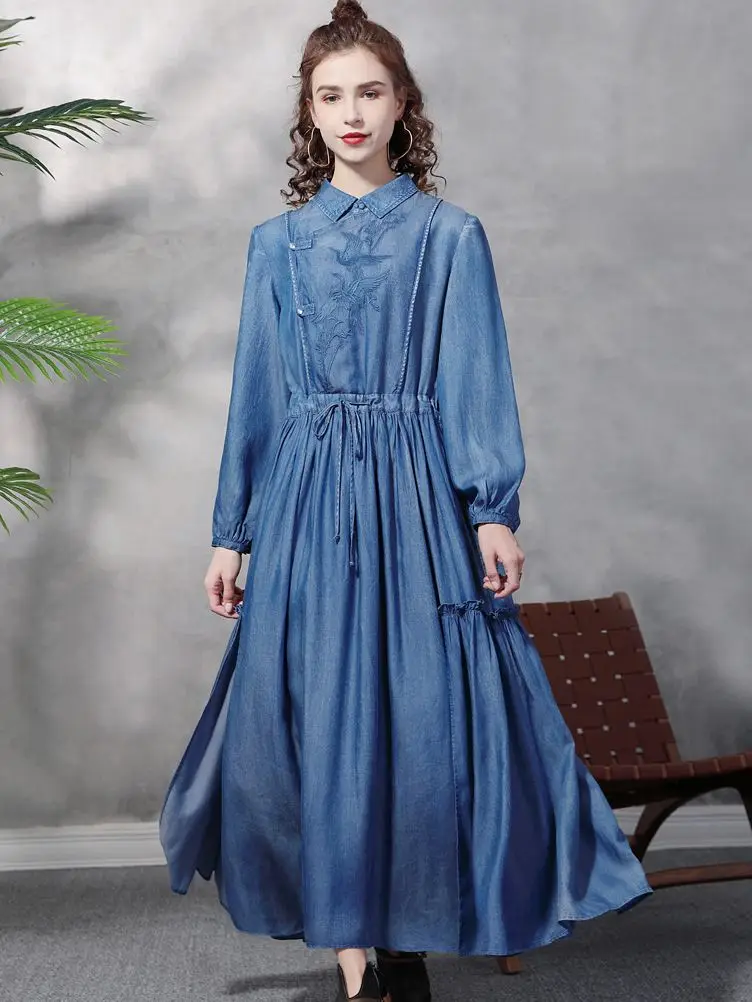 

Engaland Icy and refreshing Denim dress female Silky Embriodery was thin drawstring dress Long Splicing design dress wy1532