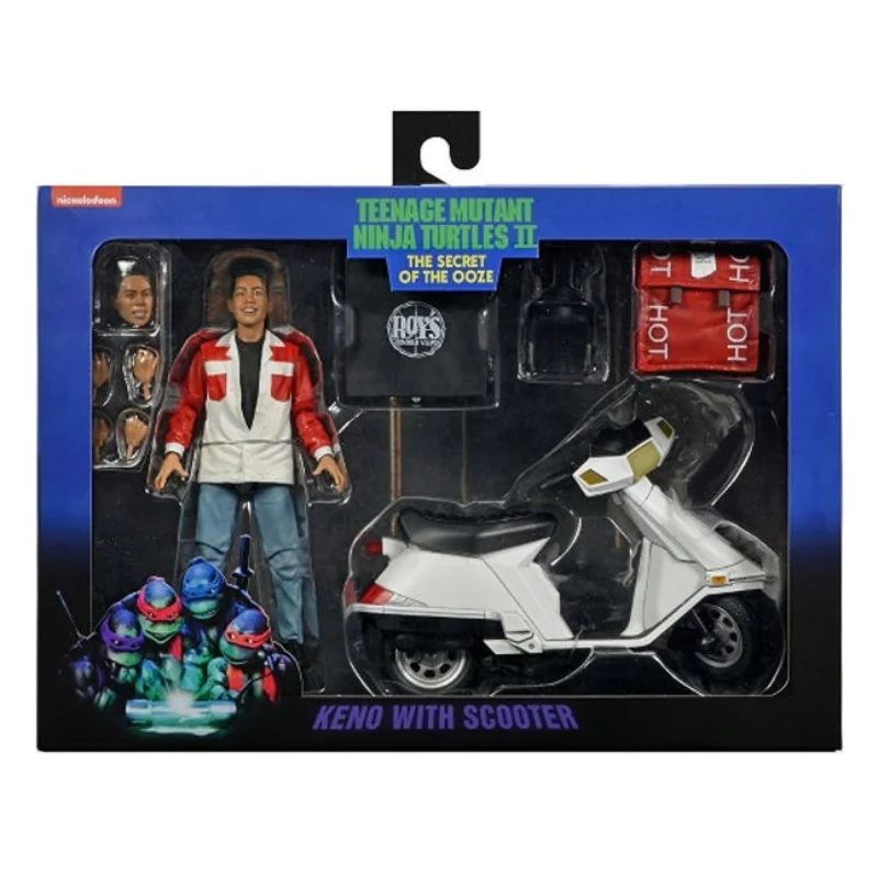 Op voorraad: NECA 45107 SDCC 2023 exclusieve TMNT 2 Secret of The Ooze Keno met scooter, 18 cm actiefiguur, pizzabezorger.