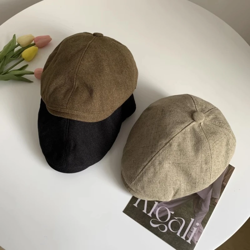 Summer Cotton Linen Newsboy Flat Cap Breathable Vintage Korean British Style Unisex Beret for Outdoor Travel Photography​