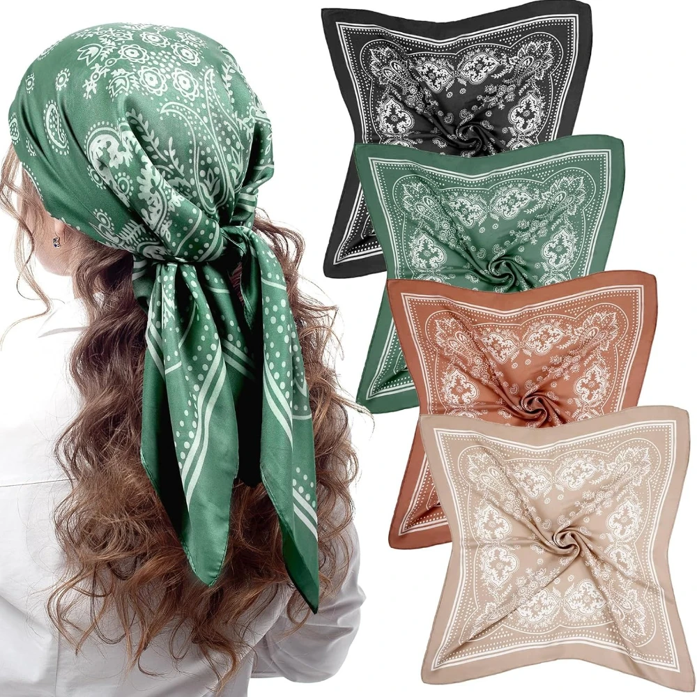 

4 Pcs 27'' Square Satin Head Scarves Satin Bandanas for Women Headband Scarves Silk Feeling Scarf Boho Headwear
