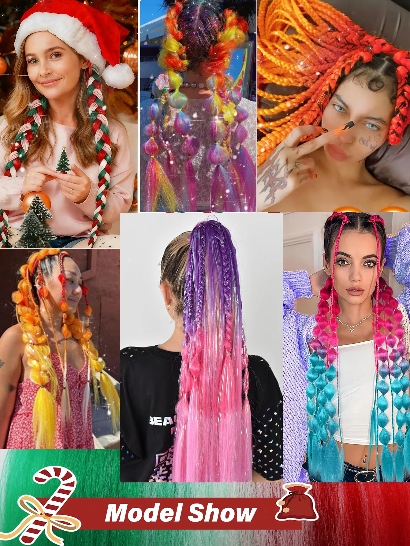 عيد الميلاد تجديل وصلات شعر أحمر أخضر خطوط الشعر الاصطناعية لصندوق الضفائر الكروشيه الضفائر عطلة حزب إكسسوارات الشعر #6