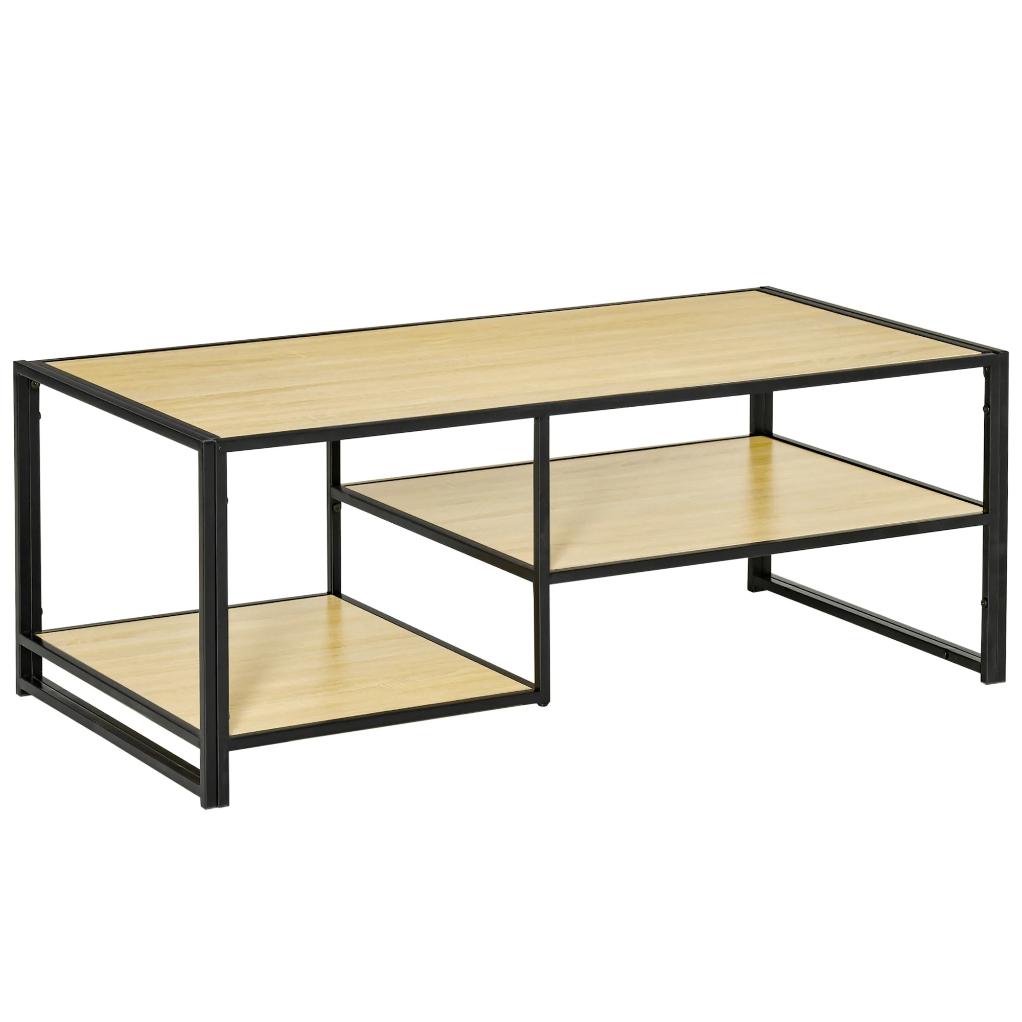 HOMCOM coffee table living room with 2 shelves and steel frame 120x60x46 cm Oak