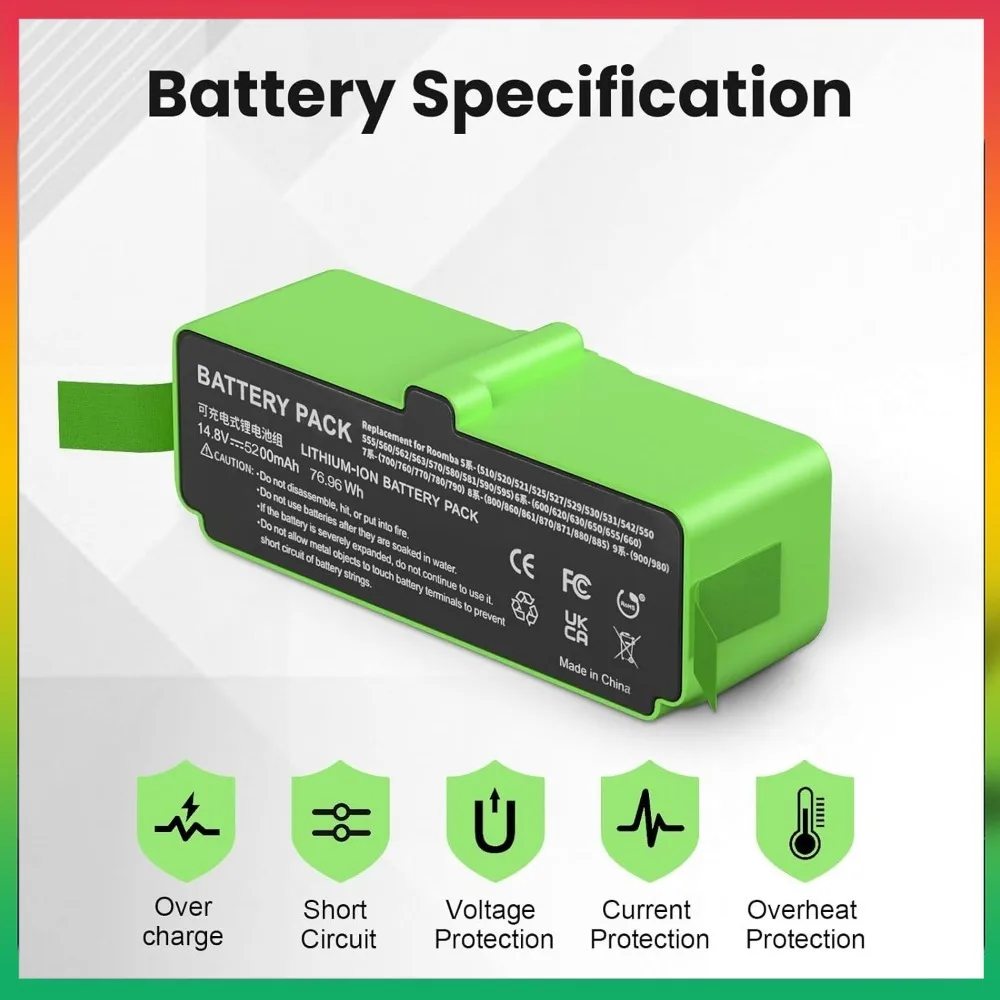 

5200mAh High Capacity 14.4V Replacement Battery for iRobot Roomba 510 520 530 531 600 700 800 900 Lithium Ion Battery Packs