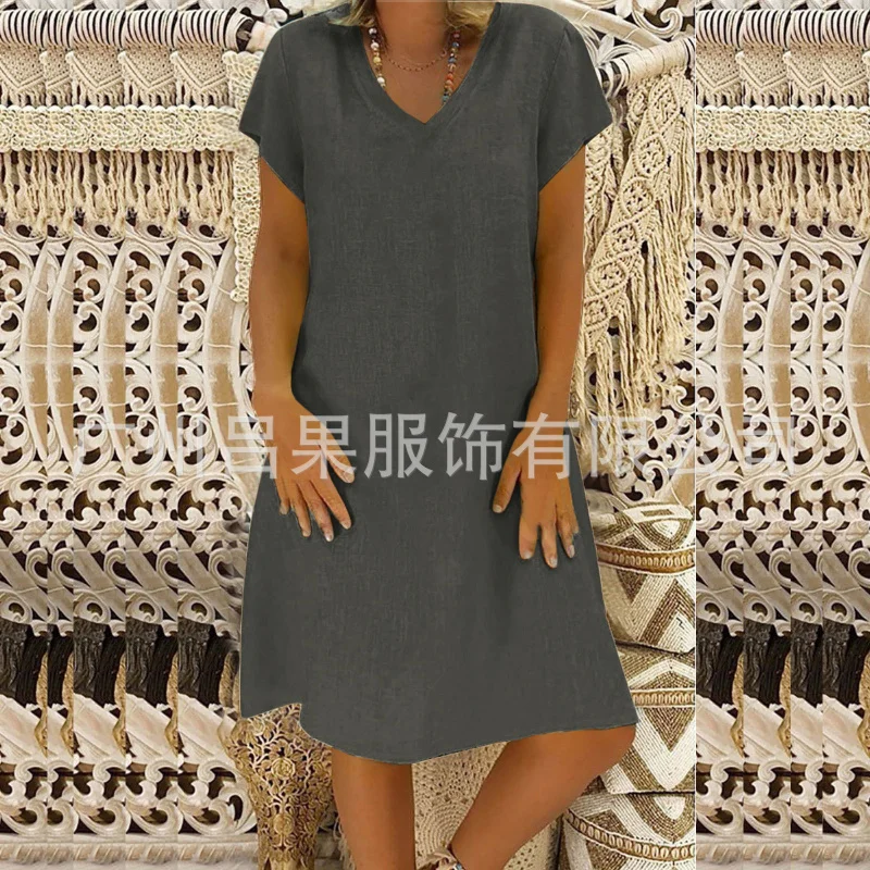 2023 Summer European and American Foreign Trade Solid Color Short SleeveDress Women's-Border Cotton an