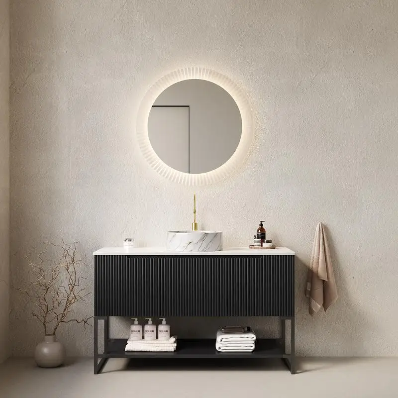 

48" Bathroom Vanity with Sink, Freestanding Storage Cabinet with 3 Doors & Open Shelf, White Round Ceramic Basin with Stone