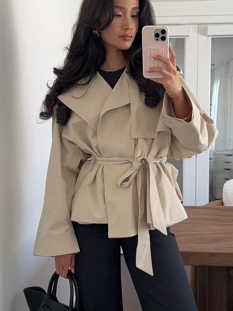 

FSMG Casual khaki Lace Up Belted Waist Trench Coats Elegant Loose Lapel Full Sleeves Cropped Overcoat Lady High Street Outerwear