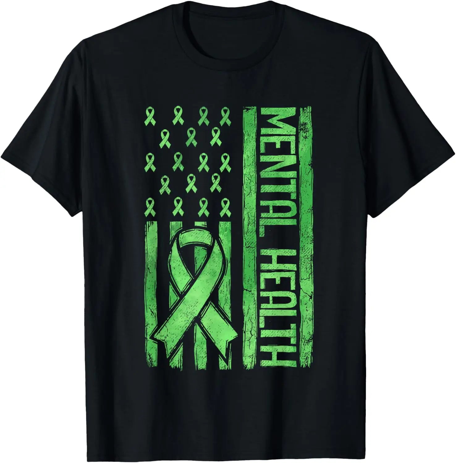 Mental Health Awareness US Flag Green Ribbon Men Women Kids T-Shirt 100% Cotton Trendy Y2K Short-Sleeve Tee – Soft, Quick-Drying, & Moisture-Wicking; Ideal for Sports or Casual Wear; Great Gift for Christmas or Halloween.