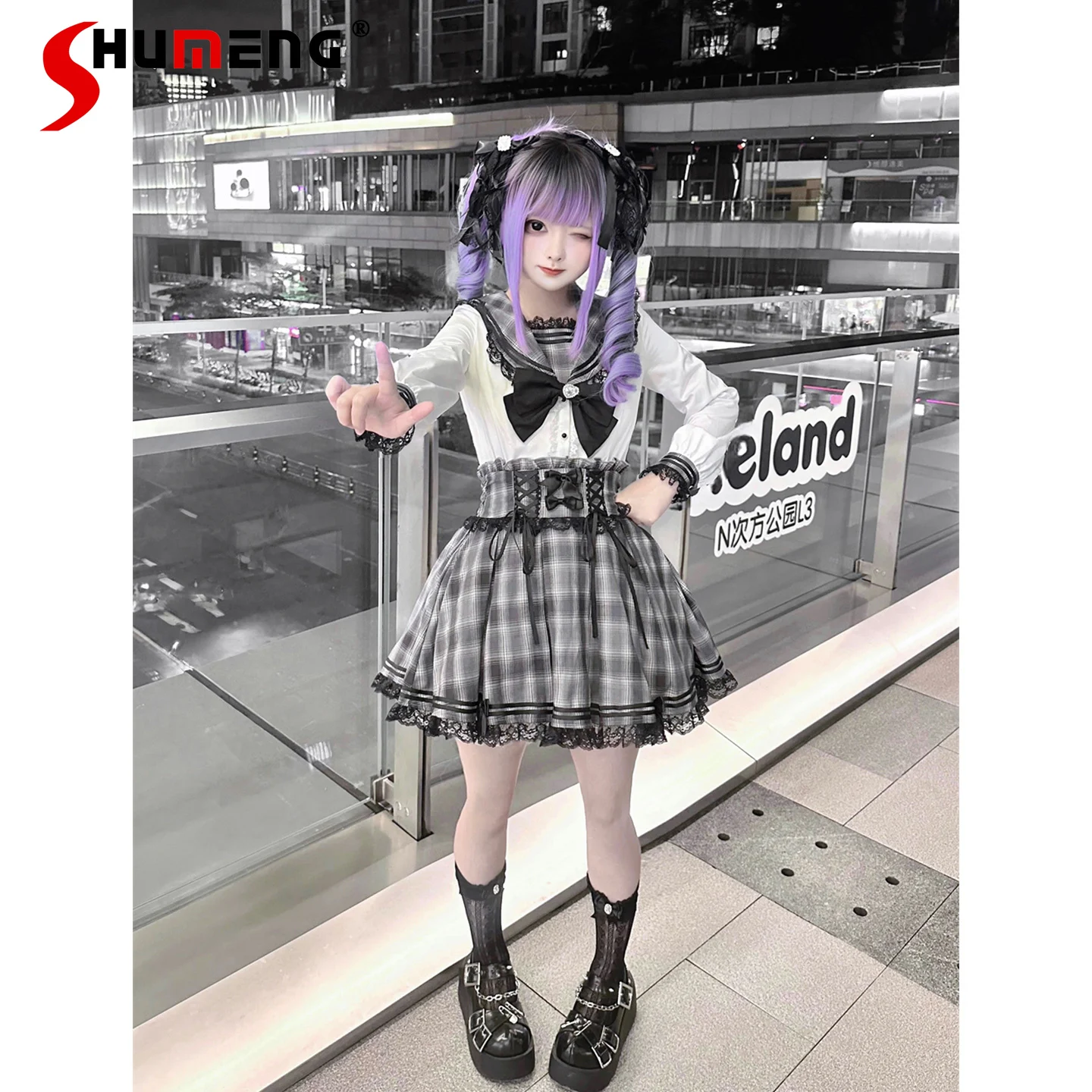 

Original Japanese Style Mass-Produced Lace Long-Sleeve Navy Collar Shirt High Waist Lace-up Slim Plaid Skirt Two-Piece Set Women