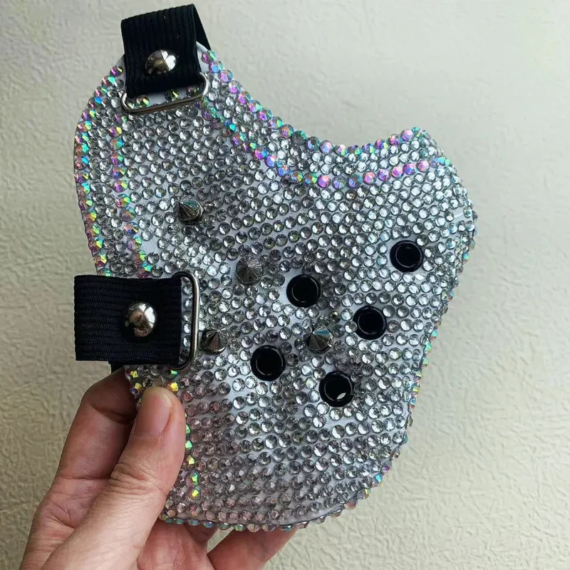 Cosxin Punk Rock Style Diamond Mask Goth Teen Bike Ride Female Knight PU Diamond Mask Cosplay Rock Half Face Mask