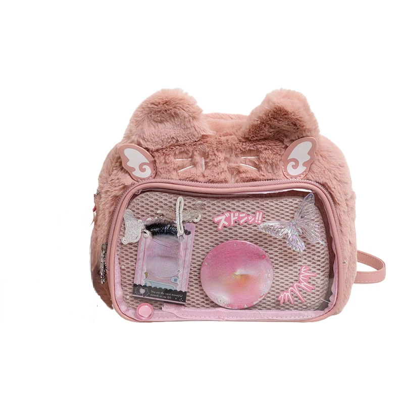 Ita Bags for Women Students Cartoon Fluffy Schoolbag Y2k Transparent All Match Ins Crossbody Bag Fashion Kawaii Casual Backpacks