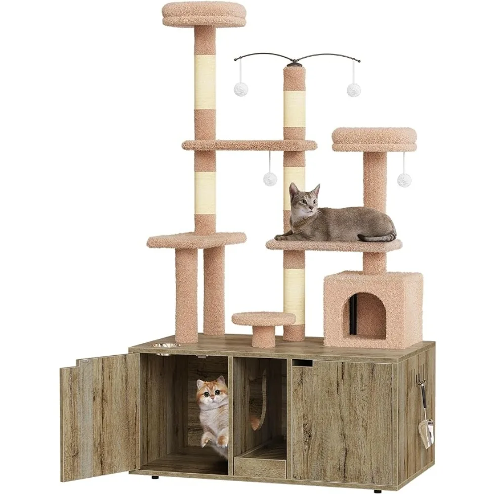 Double Cat Litter Box Enclosure with Cat Tree,Furniture Hidden for 2 Cats, All-in-one 70.9-Inch Litter Box Furniture with , Oak