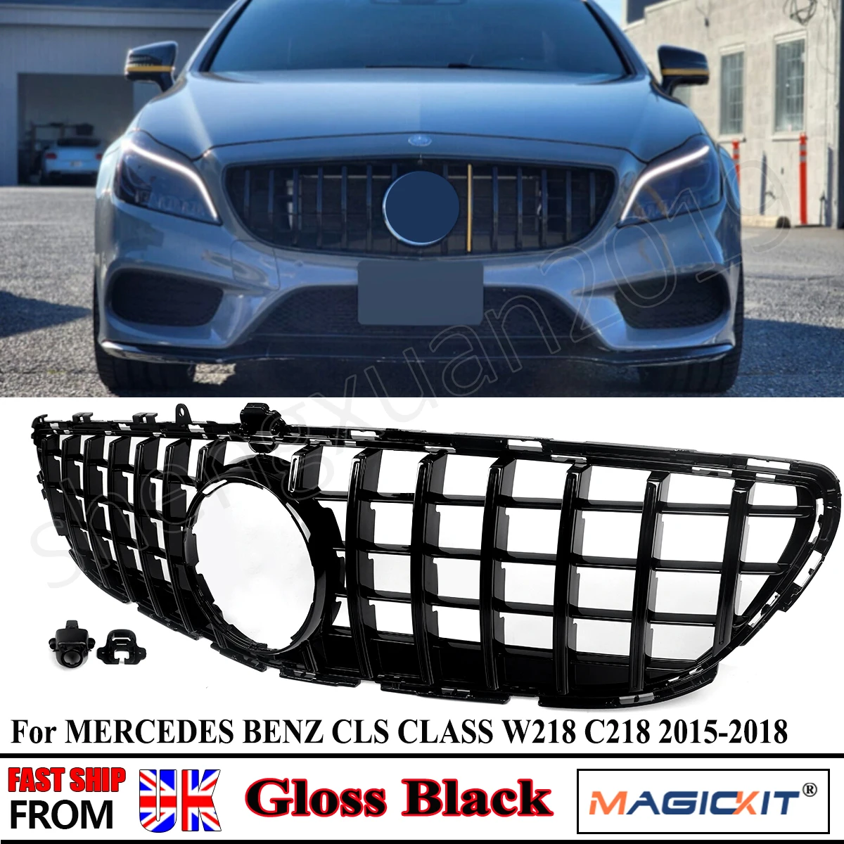 Front Grill Grille with Camera Hole Chrome+Black For Mercedes BenzCLS-Class W2182015-2018 GT Style Grille Car Accessories Tools