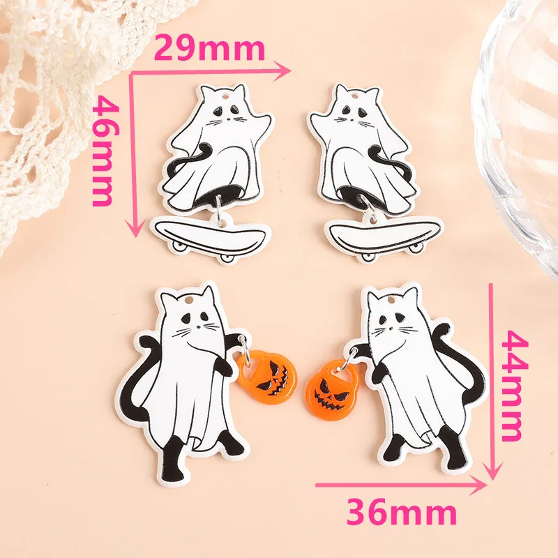 Double Sided Acrylic Skateboarding Ghost Pendant Epoxy Halloween Pumpkin Charm for DIY Jewelry Making Accessories 6PCS