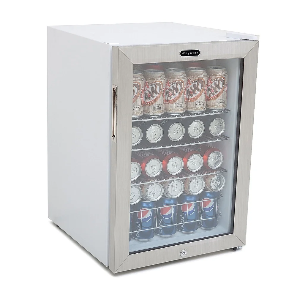 1.7 Cubic Foot Beverage Refrigerator 90 Can Capacity Stainless Steel Compact with Slide-Out Shelves Double-Pane Glass Doors Key