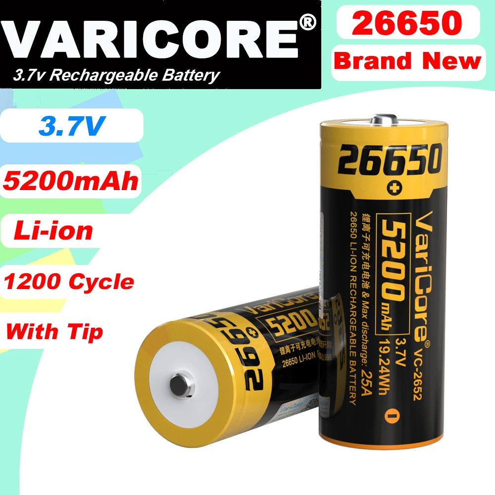 VariCore جديد 3.7 فولت 26650 5200mA بطارية ليثيوم أيون بطاريات قابلة للشحن تفريغ 25A بطارية الطاقة + طرف مدبب لمصباح يدوي