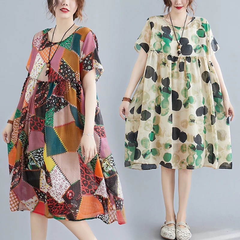 

plus Size Women's Loose Silk Cotton Printed Dr Belly Covering Slimming Summer New Sle Middle Length Casual round Ne Dr
