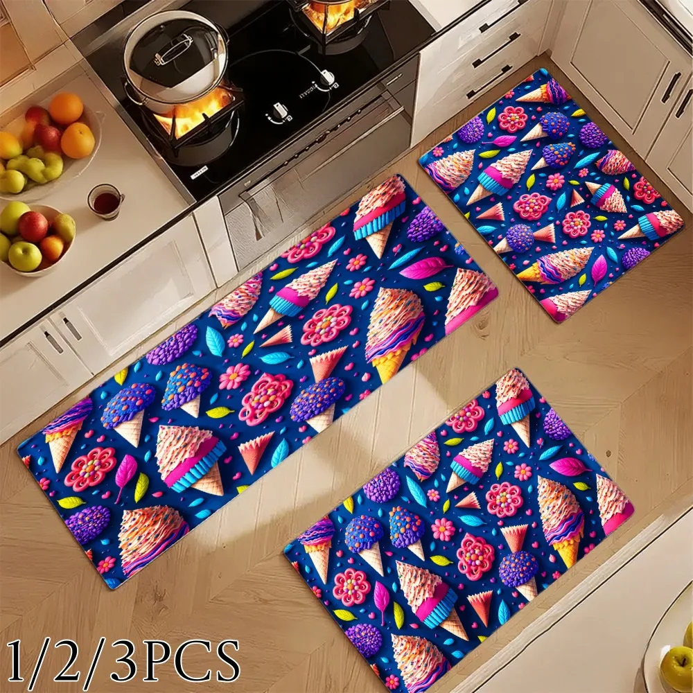 3PCS Kitchen Rugs,Home Decoration for Front Door, Kitchen, Bathroom, Colorful Ice Cream Cones And Flowers Pattern Dining Mat