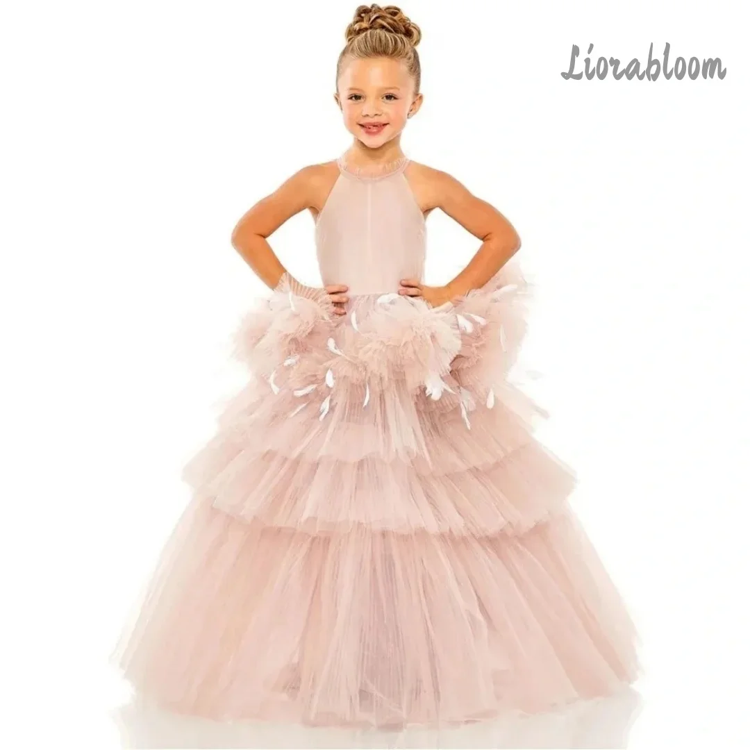 Abito da Cerimonia Personalizzato per Bambine, Vestito da Principessa a Strati, Abito da Damigella Soffice con Fiori, Abbigliamento per Feste di Matrimonio