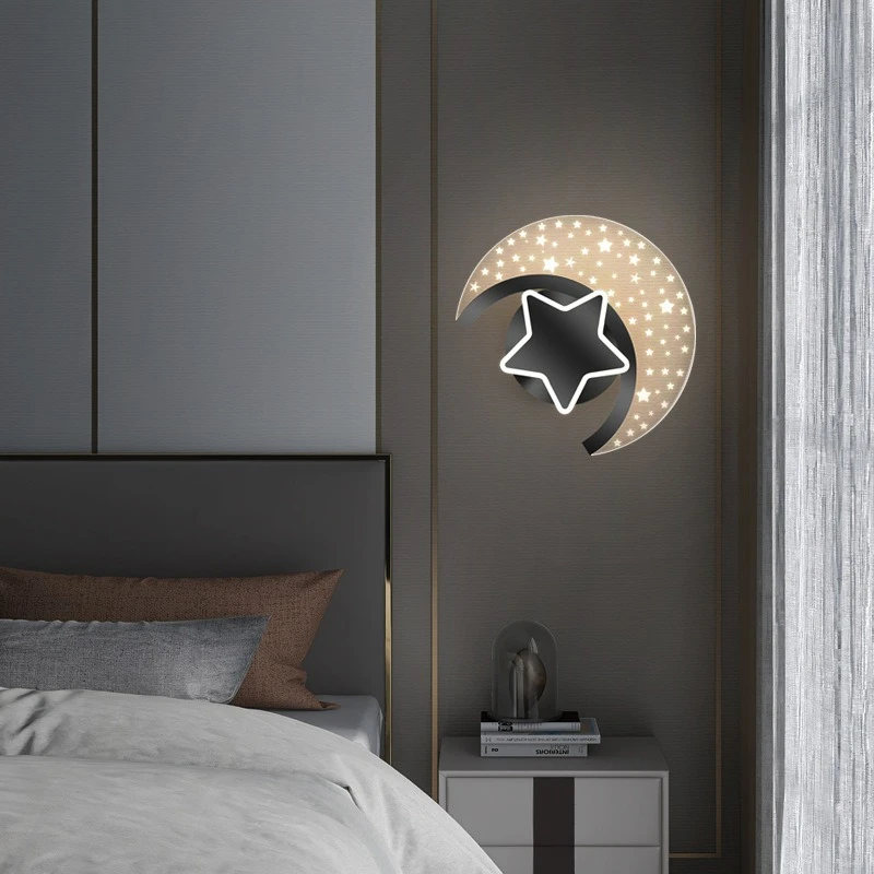 SJ Creative Starry Sky Wall Lamp Bedhead Bedroom Light Luxury Romantic Warm Children's Room Moon Star Room Decorative Lighting