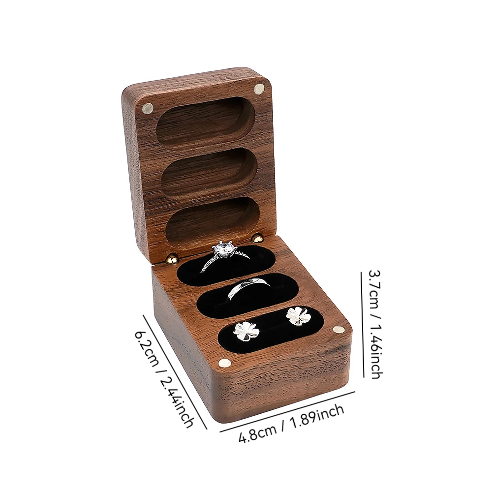 Black walnut wedding ring Jewelry box High-end small exquisite storage box Necklace stud box Exchange gift three slots