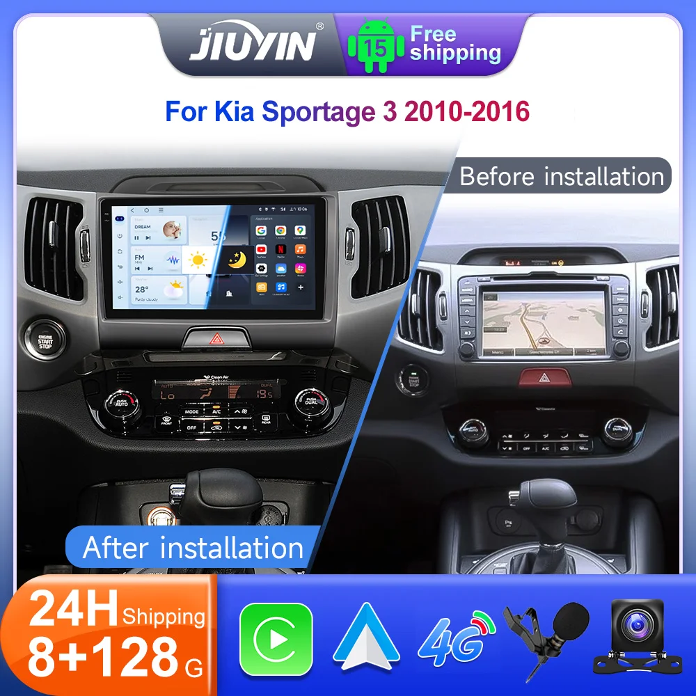 JIUYIN 9-дюймовый автомобильный радиоприемник Android 15 для Kia Sportage 3 2010-2016, беспроводной CarPlay Android Auto DSP, мультимедийный GPS DVR, головное устройство, плеер