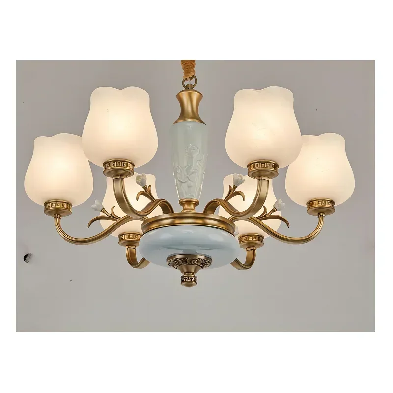 Copper Color Chandelier LED Dining Light Glass Ceramic Brass Ceiling for Duplex Building Hall Chinese Style