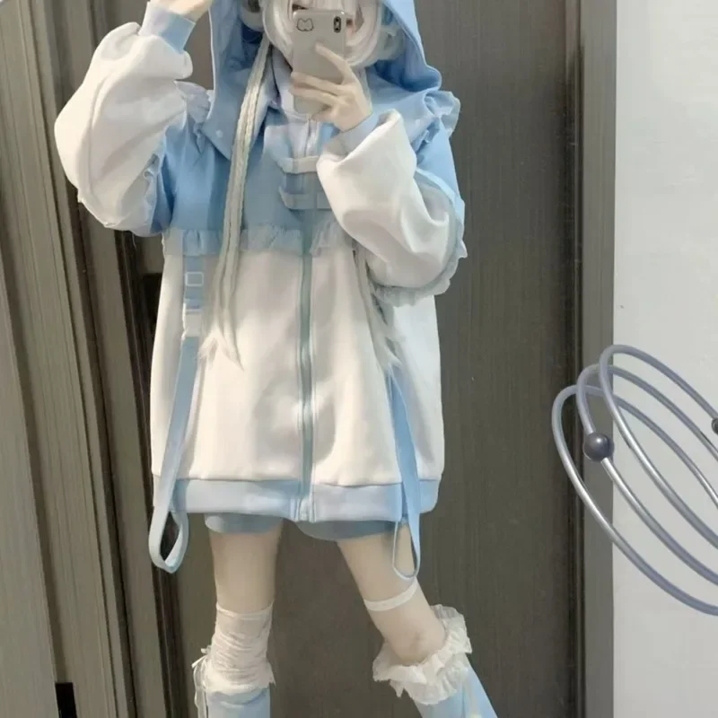 Harajuku قلنسوة بسحاب معطف المرأة كبيرة الحجم الحلو فضفاض ملابس خارجية غير رسمية ثقافة فرعية Y2K اليابانية Kawaii لوليتا تصميم هوديس COS #6