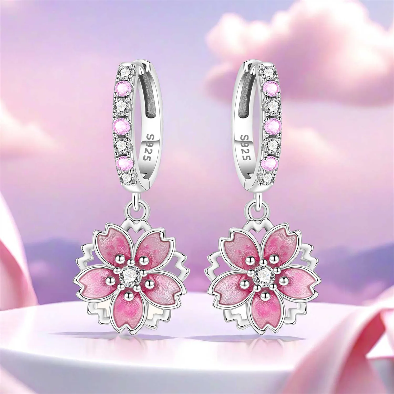PANPOKI 925 Sterling Silber Süße rosa Kirschblüten-Blumen-Tropfenohrringe Damenohrringe Mode Party Original Schmuck Geschenke