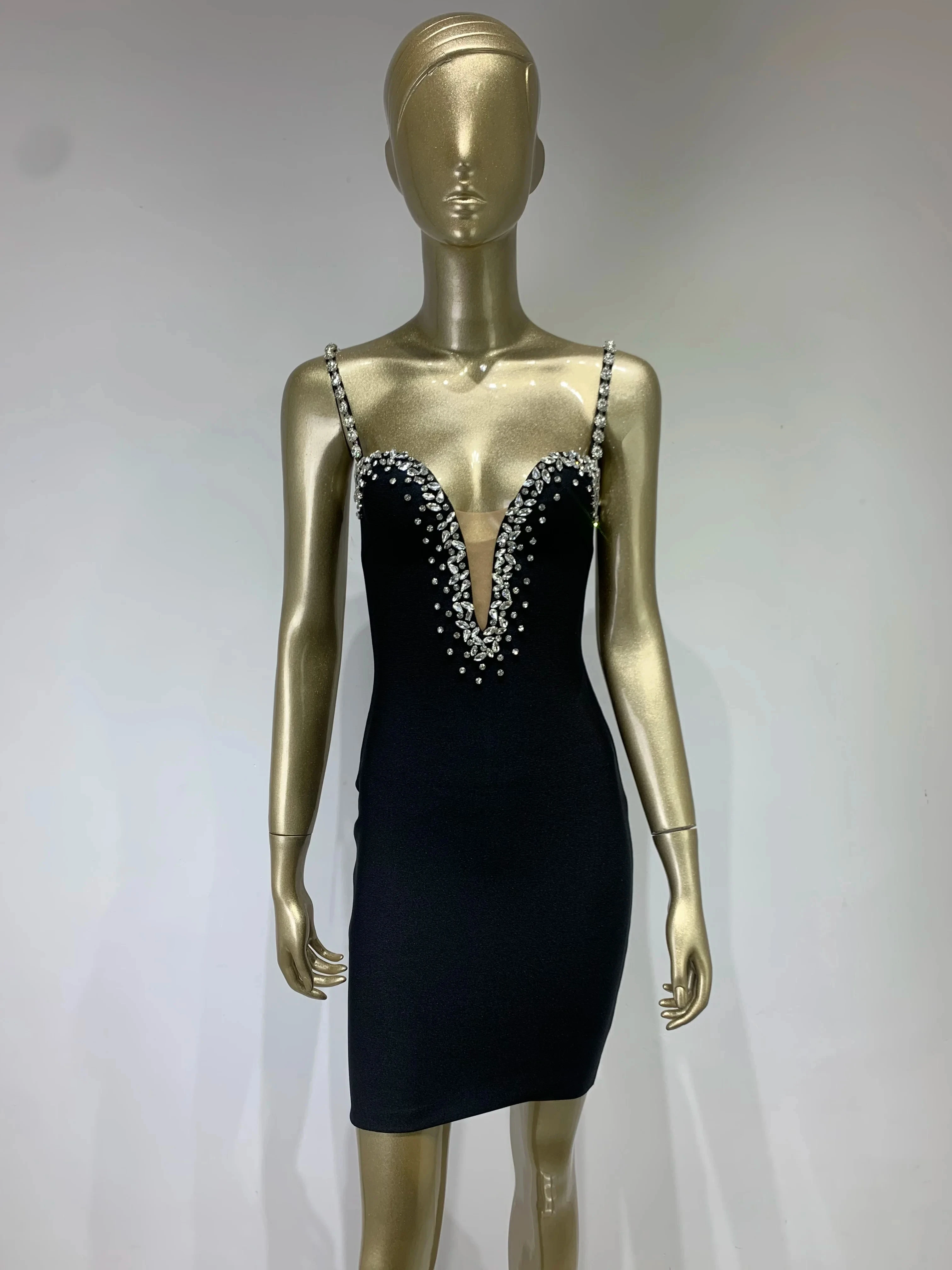 2024 New Black Bandage Dress Women Elastic Crystal Spaghetti Strap Deep V Neck Bodycon Mini Celebrity Evening Club Party Dresses