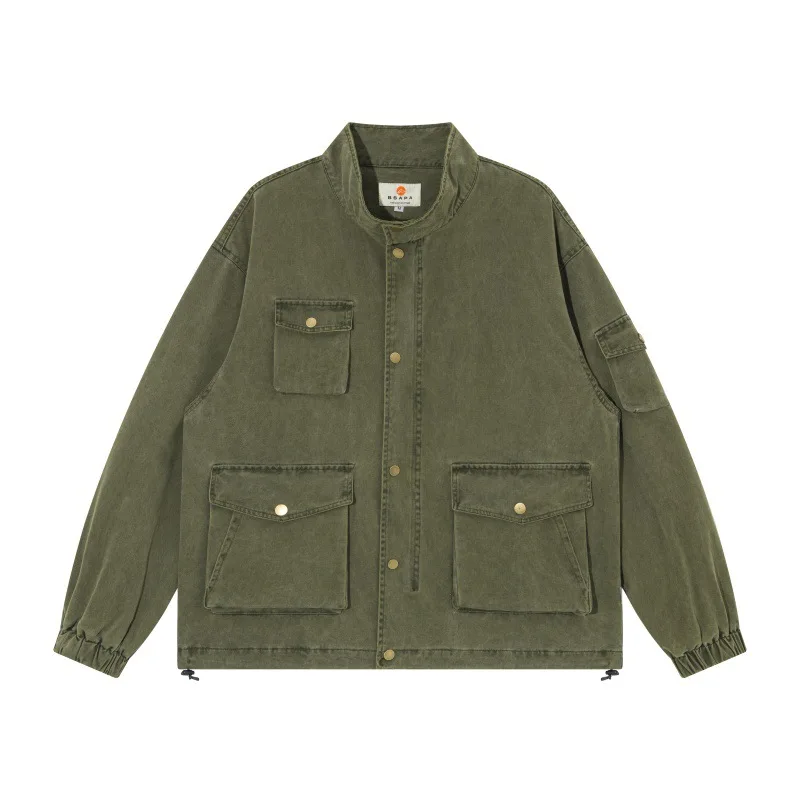 

100% Cotton Multi-Pocket Washed Men's Work Jackets,Vintage Denim Jacket for Man,Stand Collar Outdoor Oversized Mens Coat