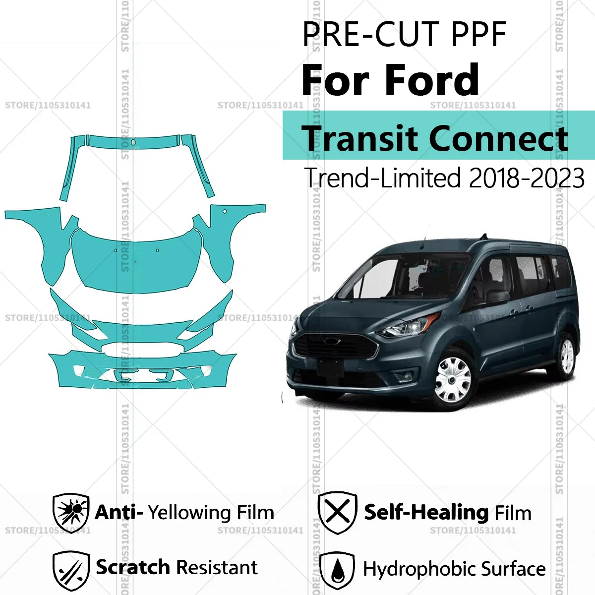 Pre-Cut Paint Protection Film PPF Transparent Car Film Automotive Front Kit For Ford Transit Connect Trend-Limited 2018-2023