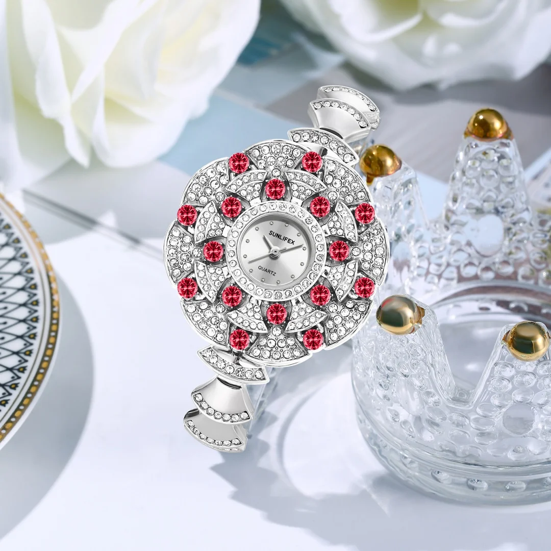 Серебряные часы с цветком, женские кварцевые наручные часы, роскошные часы-браслет, женские часы, женские часы со стразами и бриллиантами Reloj