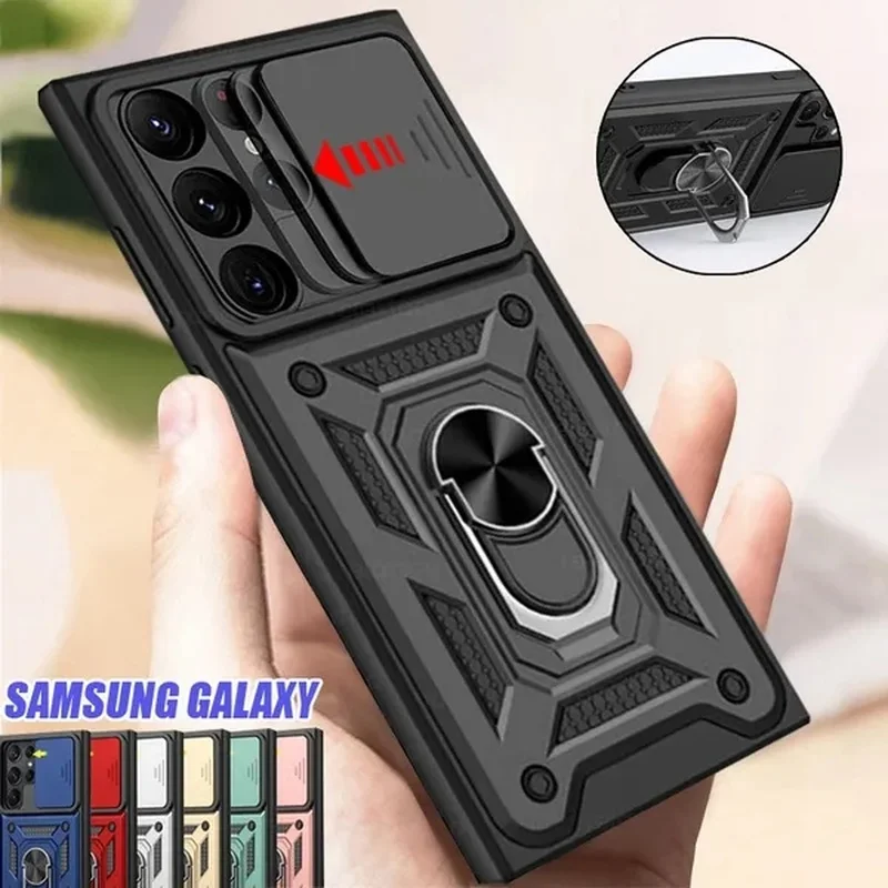 

Cases For Samsung S23 S22 Ultra S21 FE A73 A53 A33 A23 A13 5G Shockproof Armor Slide Camera Lens Protection Cover