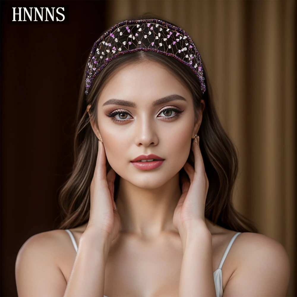 

TOPQUEEN Elegant Bride Weddings Purple Mesh Headband Handmade Beaded Rhinestone Vintage Women's Party Banquet Headpiece YXA37