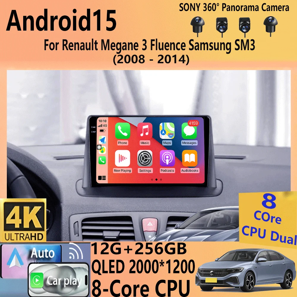 Android15 For Renault Megane 3 Fluence Samsung SM3 2008 - 2014 Car Radio Navigation Multimedia Video Player DSP BT Carplay