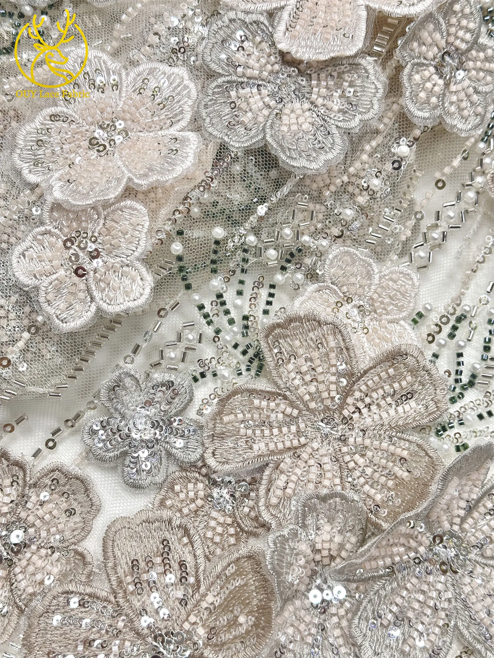 Maßgefertigter Luxus 3D Handbestickter Blumen-Spitzenstoff Hochwertige Afrikanische Perlen-Pailletten-Spitze für Hochzeitskleider und Näharbeiten – Detail 12